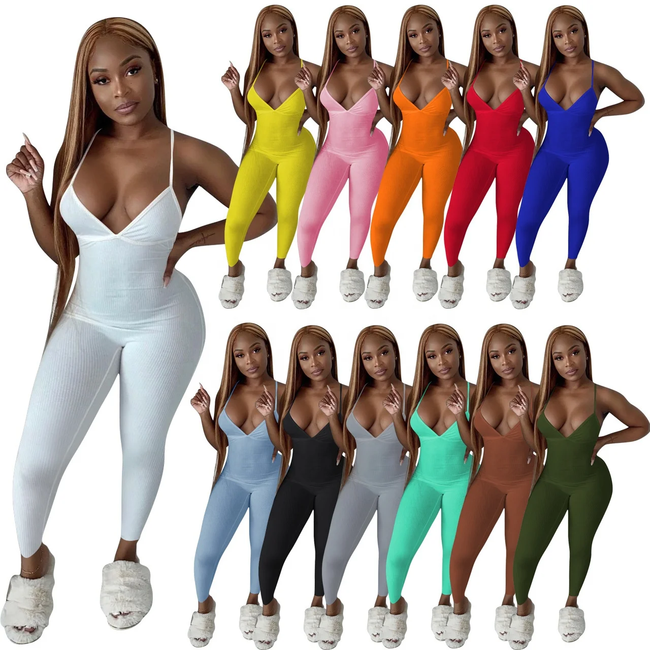 

New Arrival 2021 Summer Women Clothing Sleeveless Solid Color Ladies Sexy Bodycon Jumpsuit Women One Piece Jumpsuits, Picture