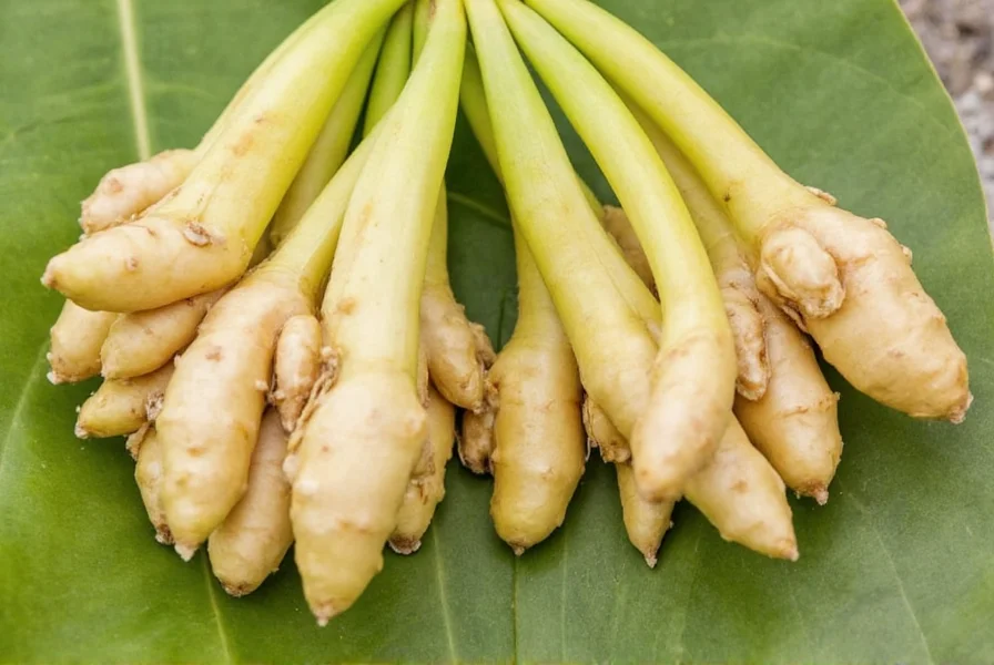 Close-up view of mature ginger plant showing yellowing leaves and healthy rhizome structure