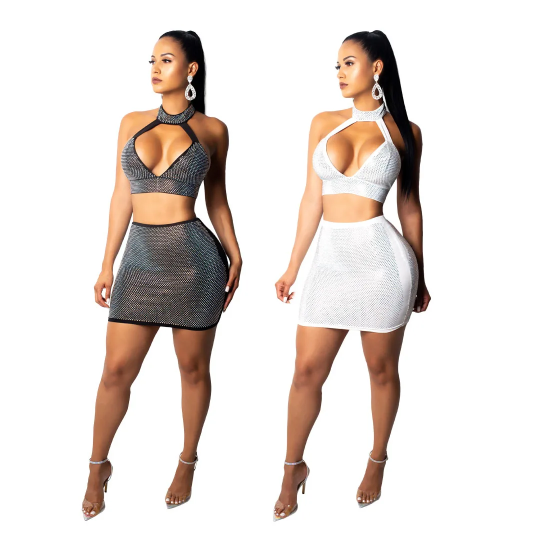 

SAF70 crystal diamonds decoration 2 piece set night party wear suit women sexy club dress, Black, white