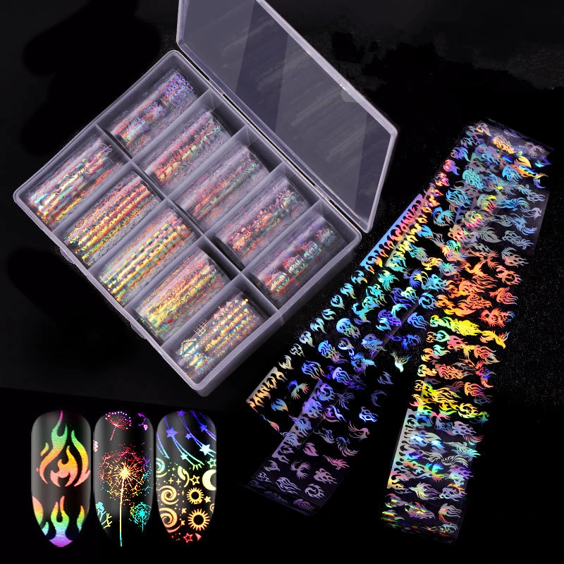 

Misscheering Fashion 10pcs/set Laser Flame Nail Art Transfer Foil Paper Stickers Rose Flower with Nail Files Foil Sticker