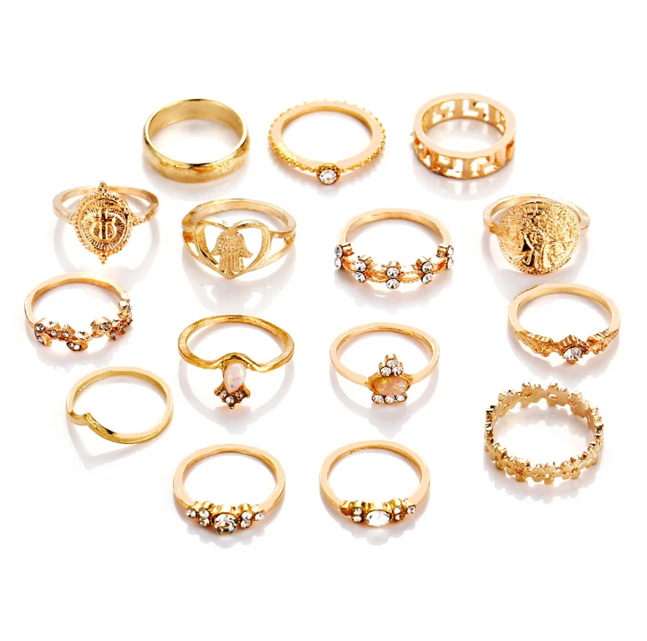 

Hot selling retro antique bronze cross pattern heart 15pcs rings jewelry, As pic