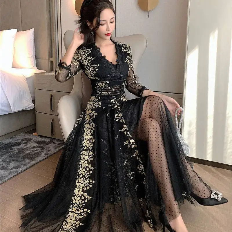 

High Quality Embroidery Lace Long Sleeve Dress for Women Elegant V-neck 2021 New Spring Summer Sexy Party Long Dress