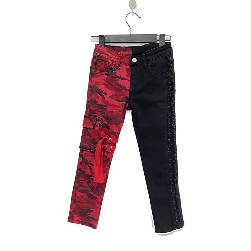 

Boys Autumn fashion streetwear clothing half red camo and half black damaged side kid's denim jeans, Camo&black , red camo & black