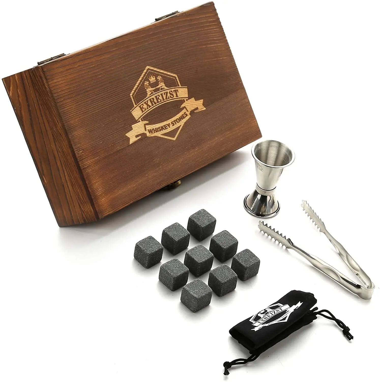 

Whiskey Stones Gift Set - 9 Granite Chilling Stones Whisky Rocks - Reusable Ice Cubes with Tongs Double-sided Jigger