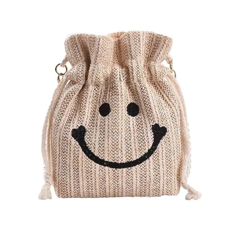 

Hot Selling Sac Main Mini Drawstring Bucket Purse Customized Logo Girl Weave Shoulder Bag Raffia Straw Beach Bag