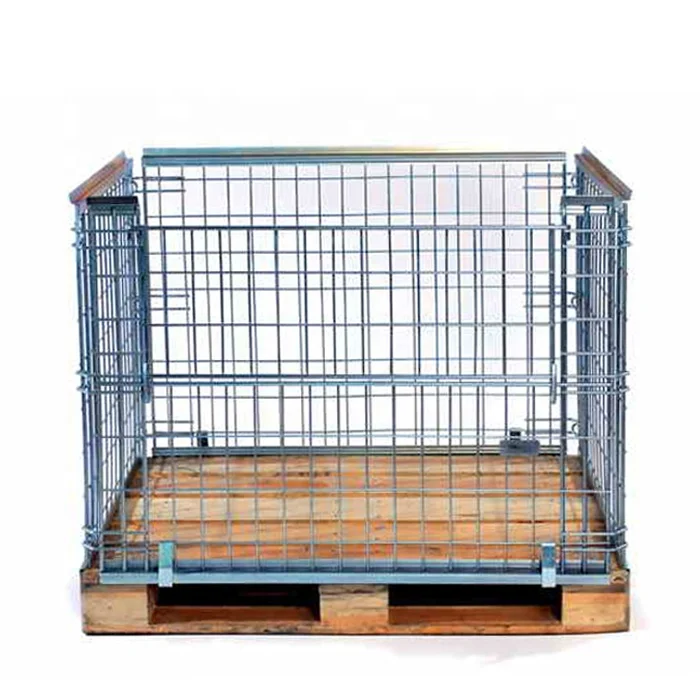 
Heavy duty collapsible welded steel metal stackable foldable wire mesh pallet cage for mounting on wooden pallet  (60657536735)
