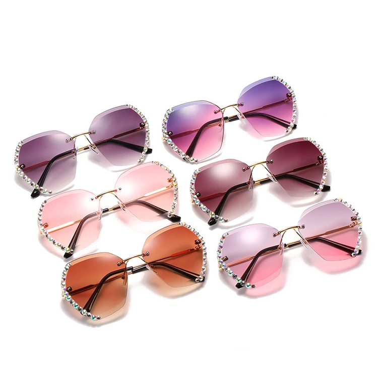 

New Trend Rimless Diamond-studded Polygonal Women Personality Ocean Lens Gradient Sunglasses 2021