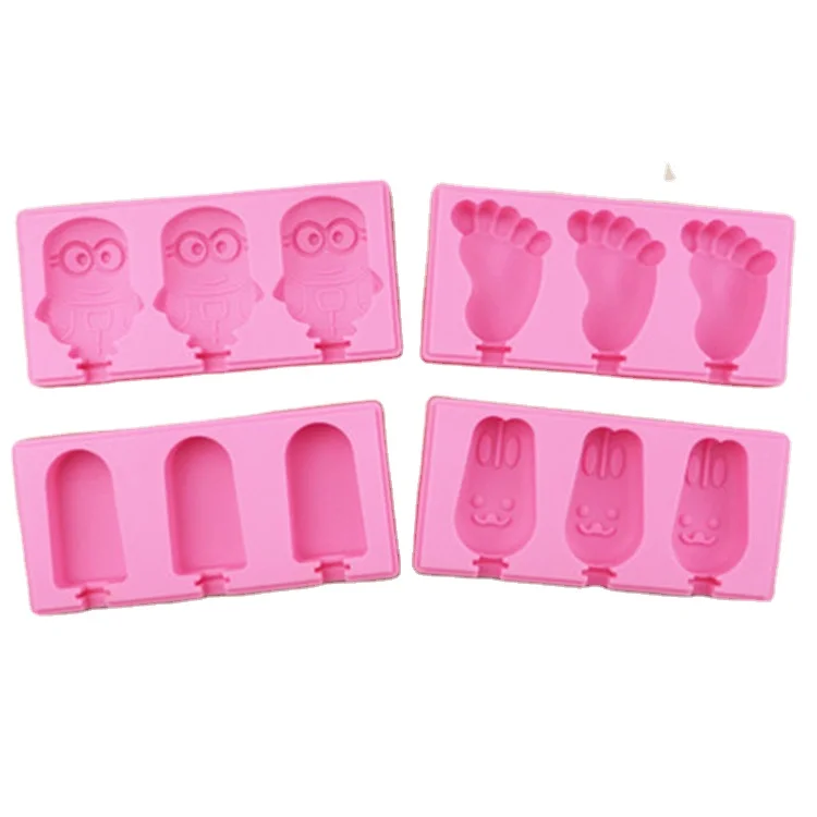 

J180 3 cavity cartoon silicone ice cream molds with stick with lids for DIY, Random