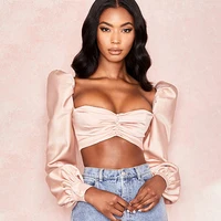 

Square Neck Puff Long Sleeve Crop Top Blouse For Ladies