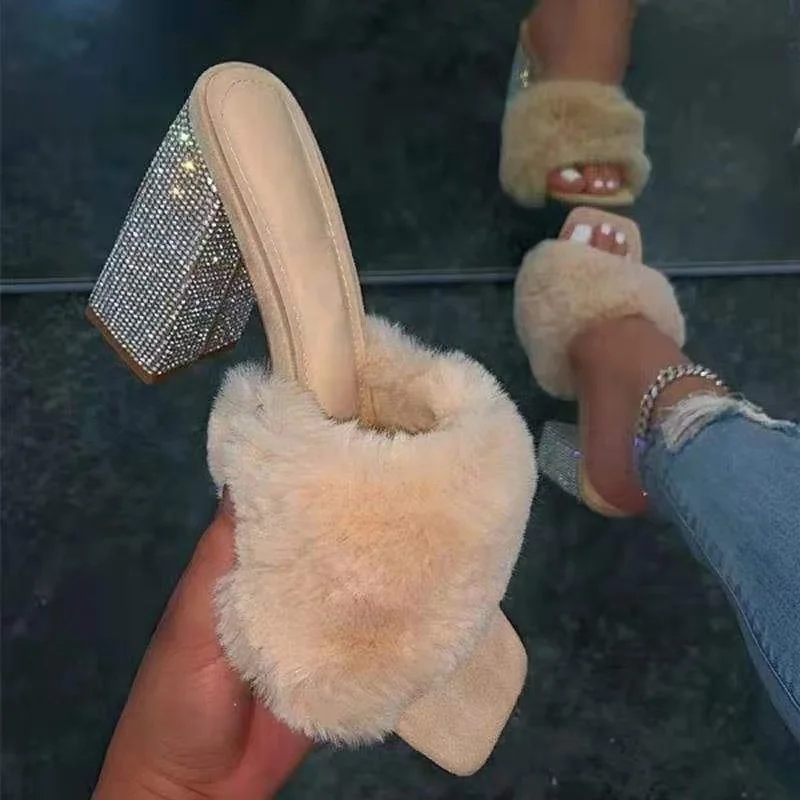 

New Listing Rhinestone Heeled Fur Sandals For Ladies Slip On Chunky Heels Square Toe Women High Heel Shoes, Different colors and support to customized