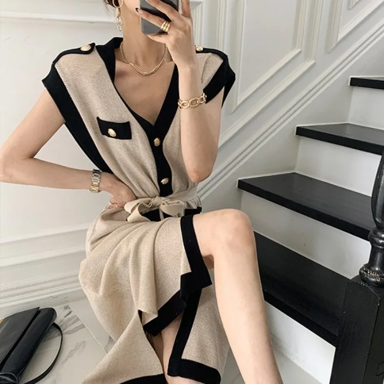 

Korean Chic Summer V Neck Dress Women Single Breasted Sleeveless Slit Knitted Dress Female High Waist Long Dress