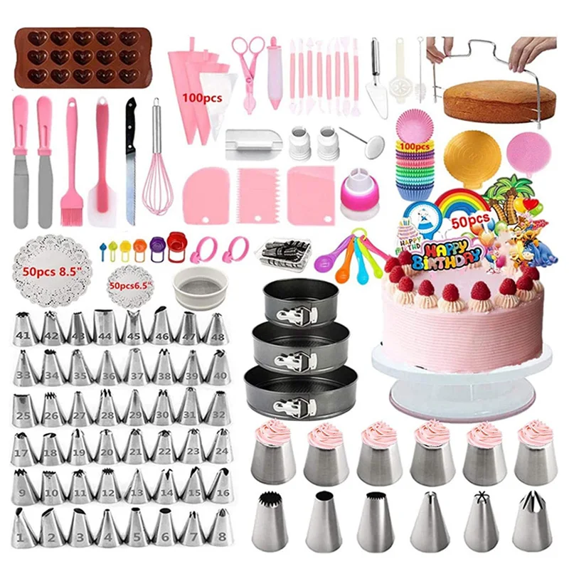 

2021 Upgrade 464pcs Cake Decorating Supplies tool Kit cake Baking Accessories set with Revolving Cake Turntable, Pink