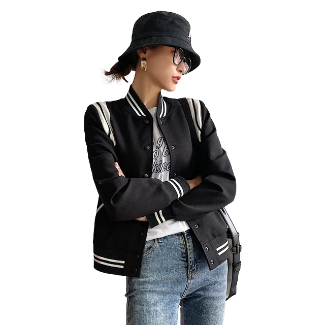 

Factory Design wholesale Long Sleeves blank women Baseball Jacket Sport Wear Varsity Jacket, Black