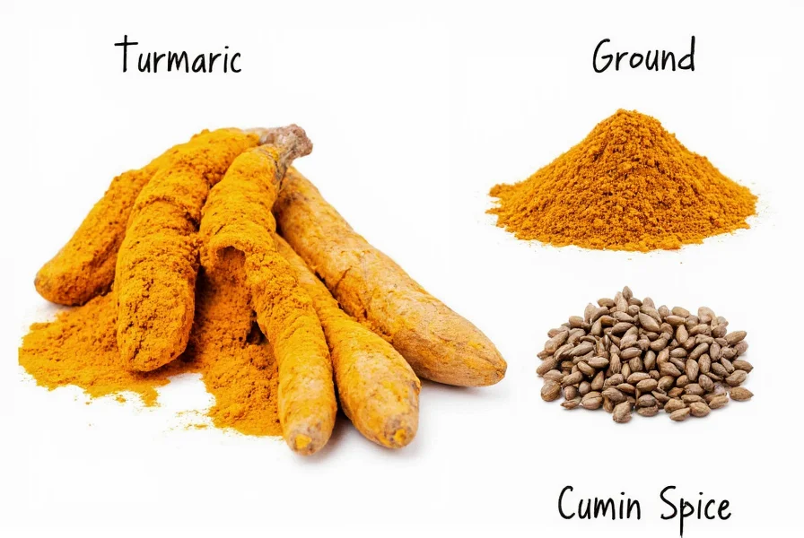 Side-by-side comparison of turmeric root, ground turmeric, and cumin seeds showing visual differences between curcumin source and cumin spice