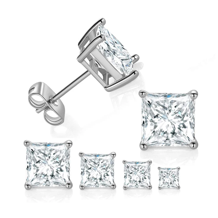 

RINNTIN SE305 Hot Selling aretes Wholesale 925 Sterling Silver Princess Cut Clear Cubic Zirconia Stud Earrings