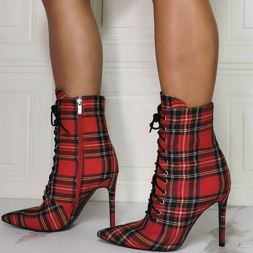 

Simple Designed Fashion Plaid Lace Up High Heel Women Boots Pointed Toe Side Zip Sexy Short Booties Customized Big Size 47