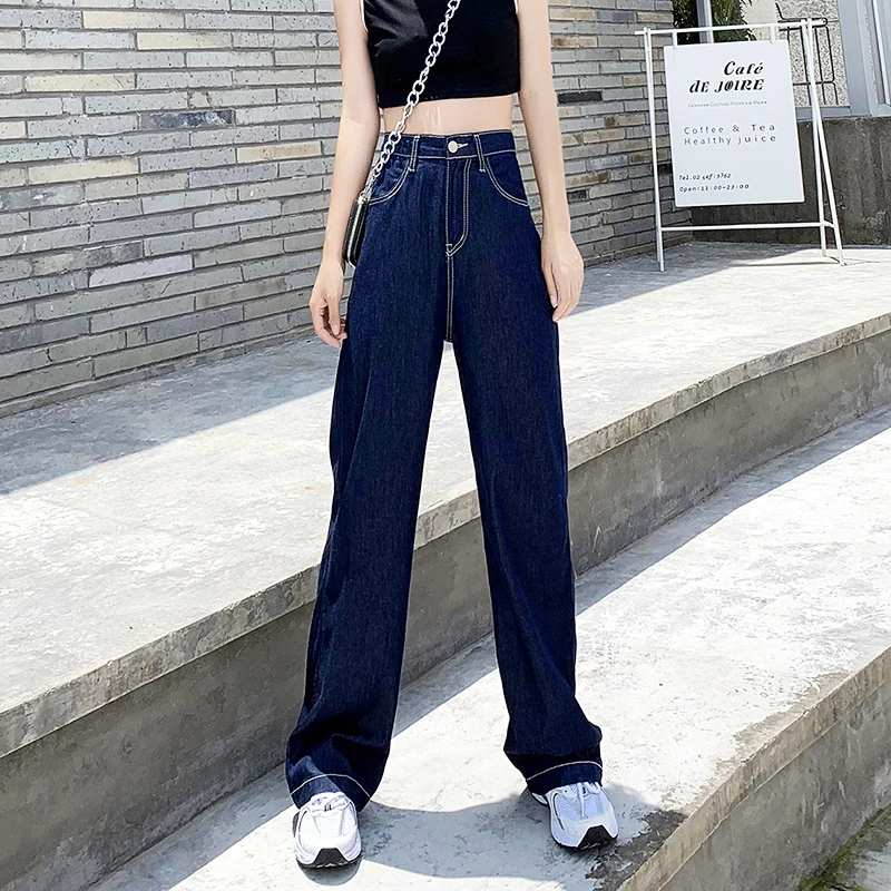 

Women's straight loose fit baggy jeans dark blue 2021 Summer stylish high waist split wide leg denim pants