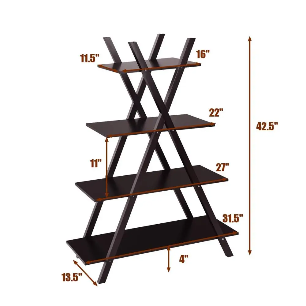 
4 Tier Bookshelf Storage Shelves Bookcase Ladder Shelf Home Office X-Shape Potted Plant or Flower Rack Display Shelves 
