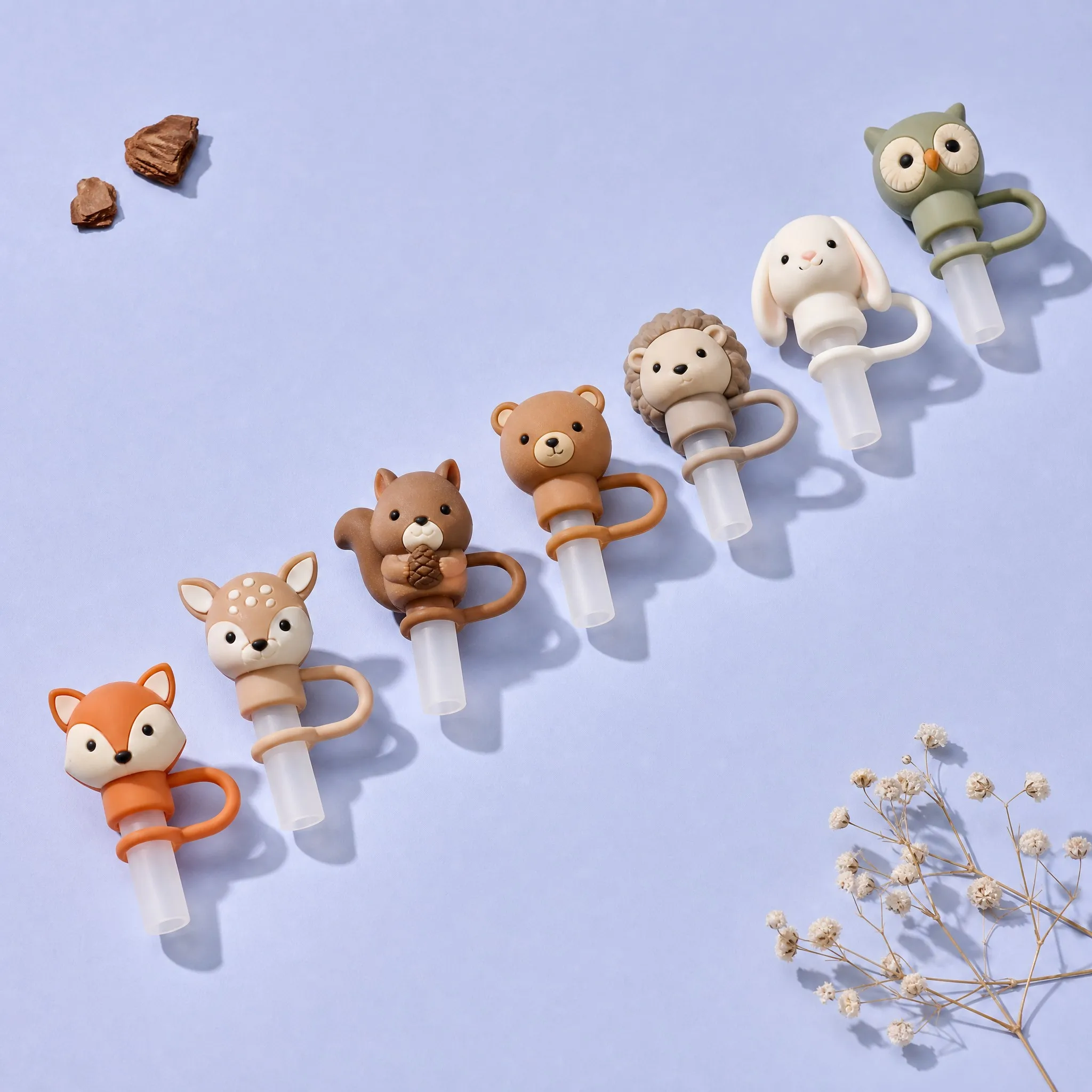 7 Woodland Animals in Diagonal Line with Dried Flowers