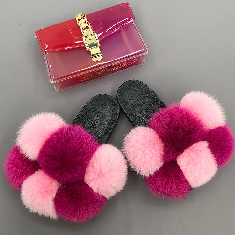 

Custom logo fashion women lady big furry real raccoon fox fur pom pom slippers and purses, Customized color