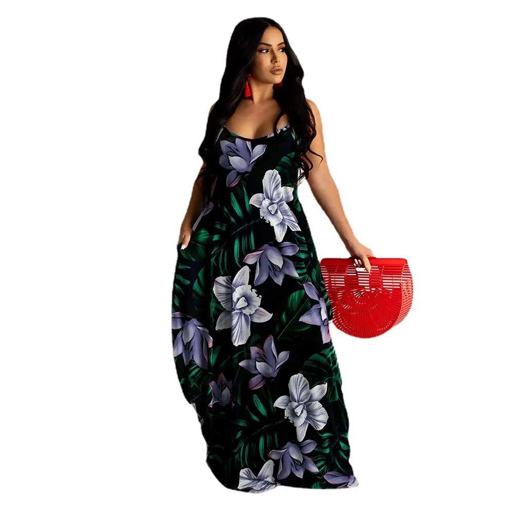 

Silk Vintage Clothing 5xl Plus Size Women's Floral Maxi Dresses Loose Spagetti Strap Sun Dresses Maxi