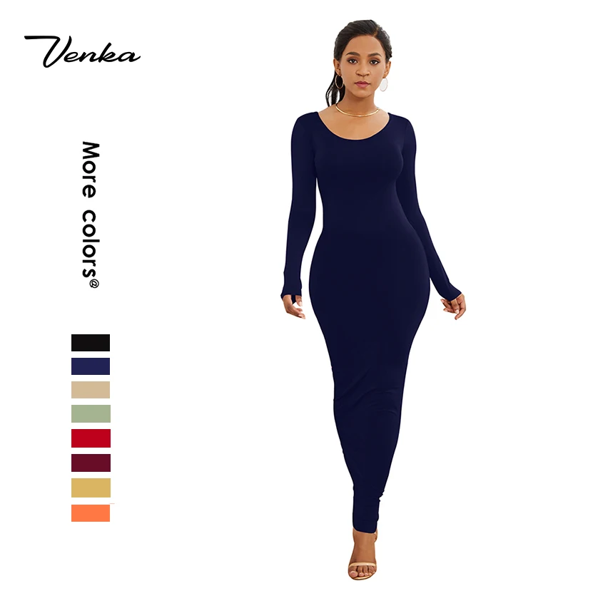 

2020 Hot sale solid basic round neck long dress women's sexy long skirt fashion long sleeve personalized dress