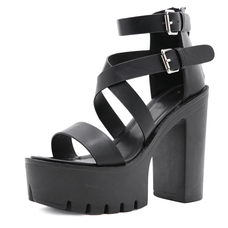 

2021 Fashion Buckle Thick Bottom Sandals Women Platform Heels Black Leather Outdoor Shoes Female Comfortable School Student