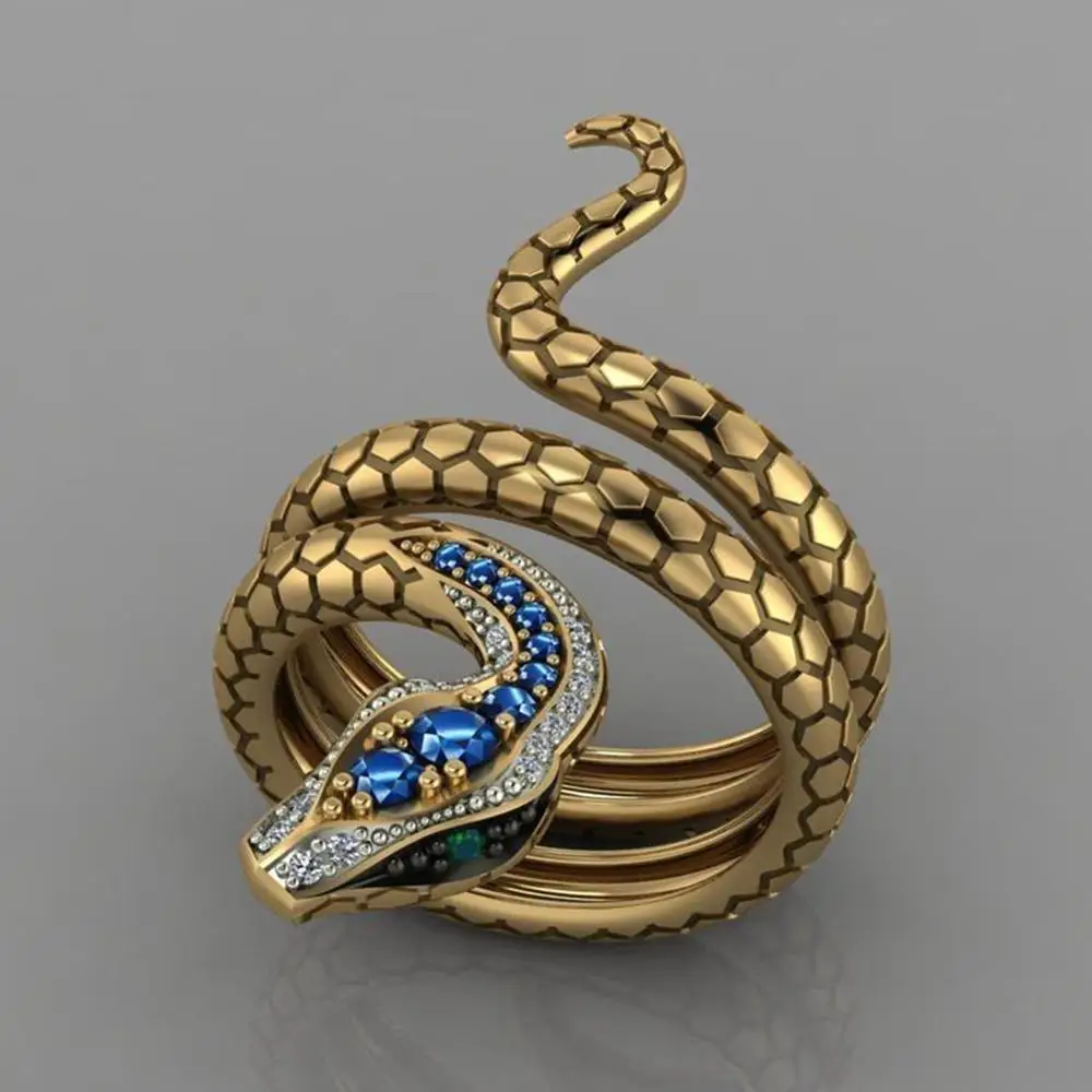 

2021 Vintage Creative Snake Shaped Micro Inlaid Sapphire Blue Zircon Unisex Ring For Men Women Jewelry Gifts, Gold