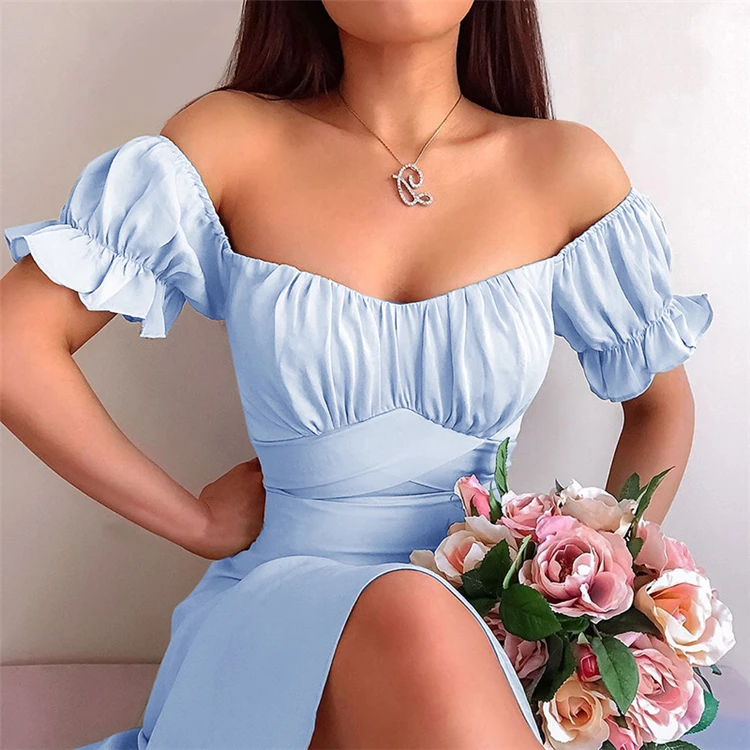 

Summer new solid color sexy close-fitting simple off-shoulder short sleeve dress