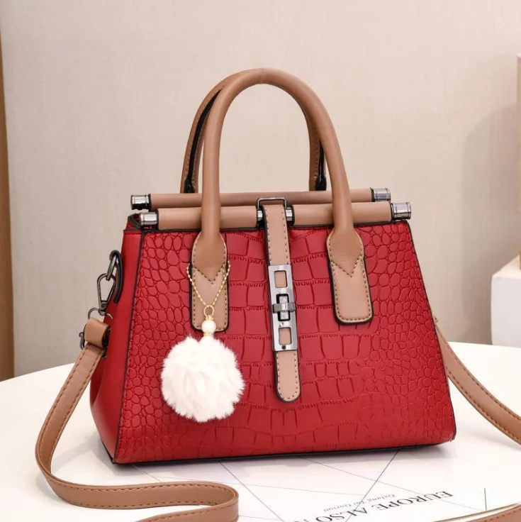 

2021 High Quality Stone Skin Women Shoulder bags With Pom Pom Charms Decoration Big Capacity Ladies Office Bags Wholesale, Black pink brown blue red burgundy 6 colors