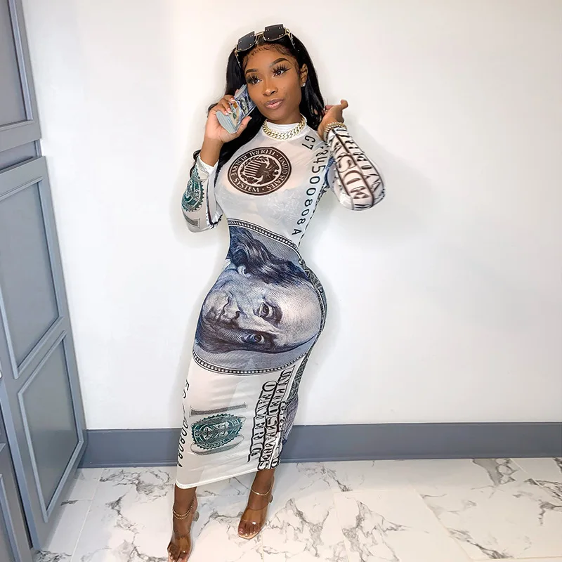 

2021 New Arrivals Long sleeve sexy gauze Dollar pattern prom casual dresses