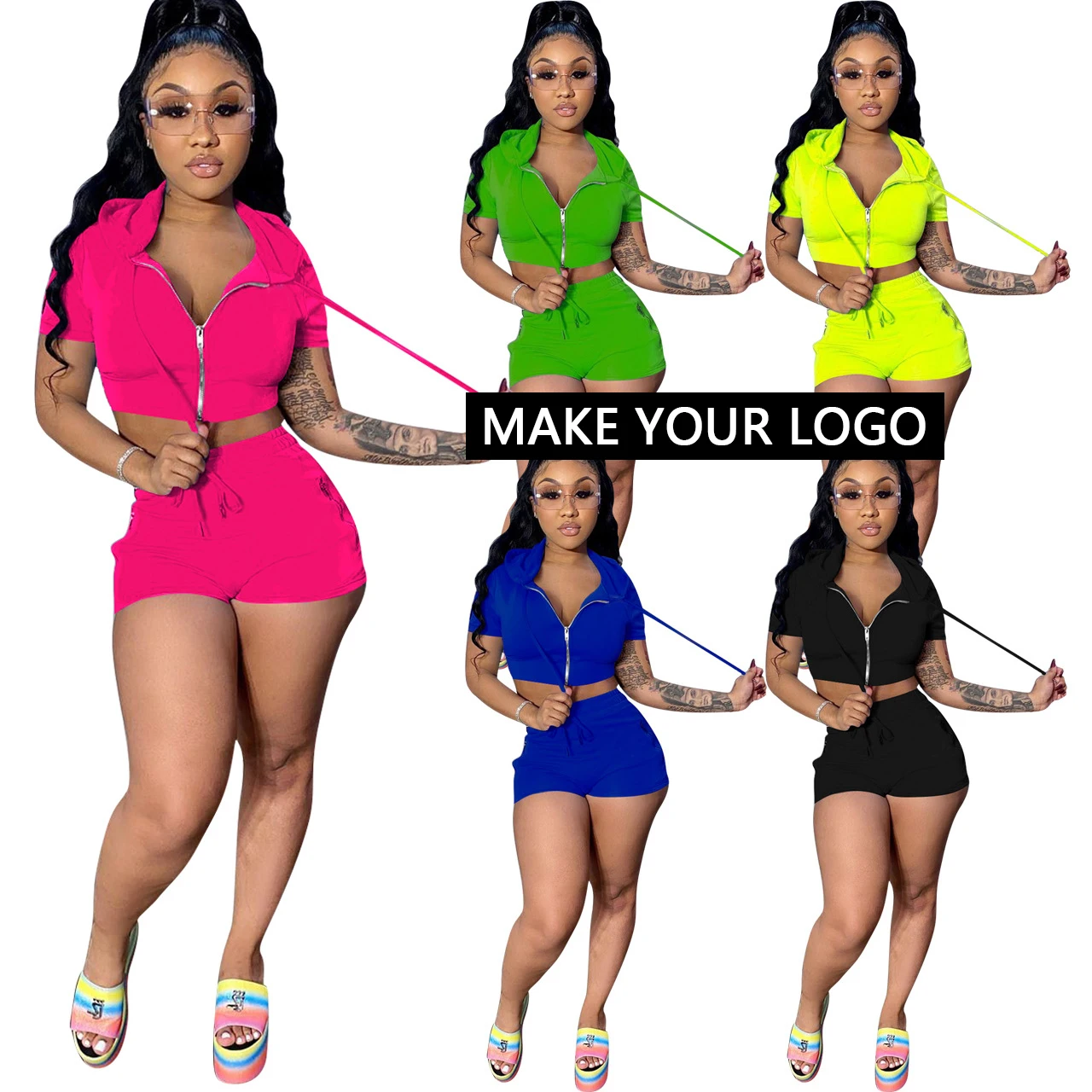

Wholesale Custom Trendy summer Women neon clothing Solid Short Pants Outfits For Women 2 piece set woman biker short set