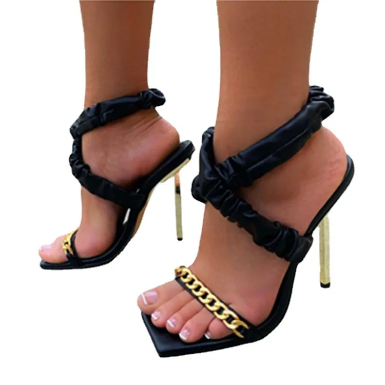 

2021 summer large size metal chain folds one-word buckle open toe women's stiletto high heel sandals, Black pink orange