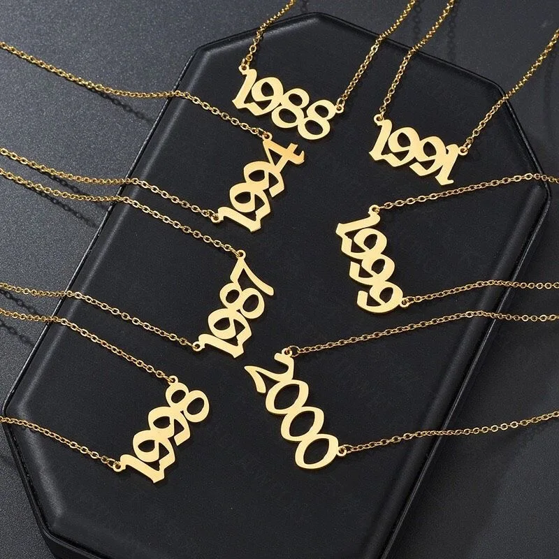 

18k Gold 316L Stainless Steel Birth Year Necklace Personalized Old English Arabic Year Number Pendant Necklace
