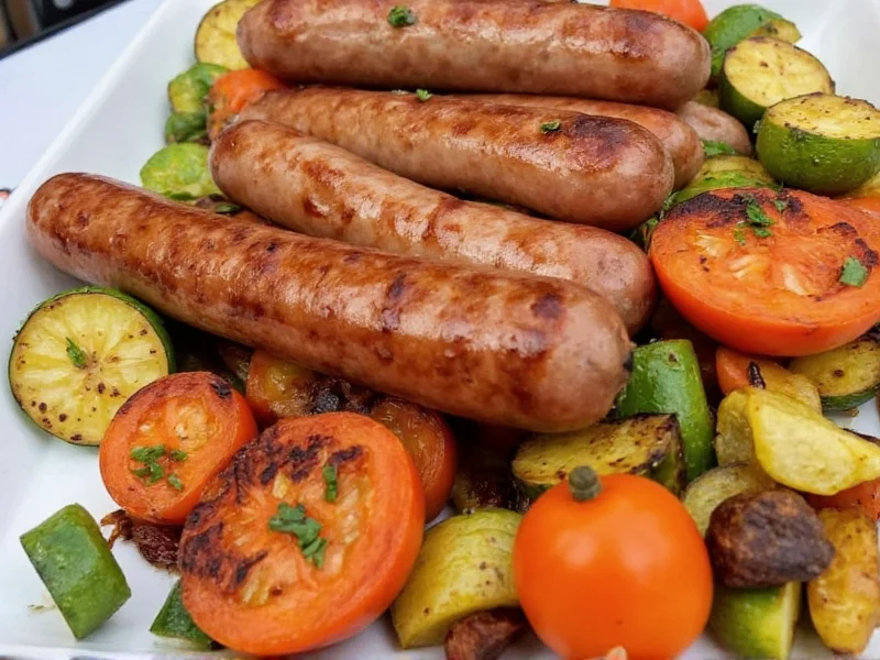 Grilled homemade sausages with roasted vegetables