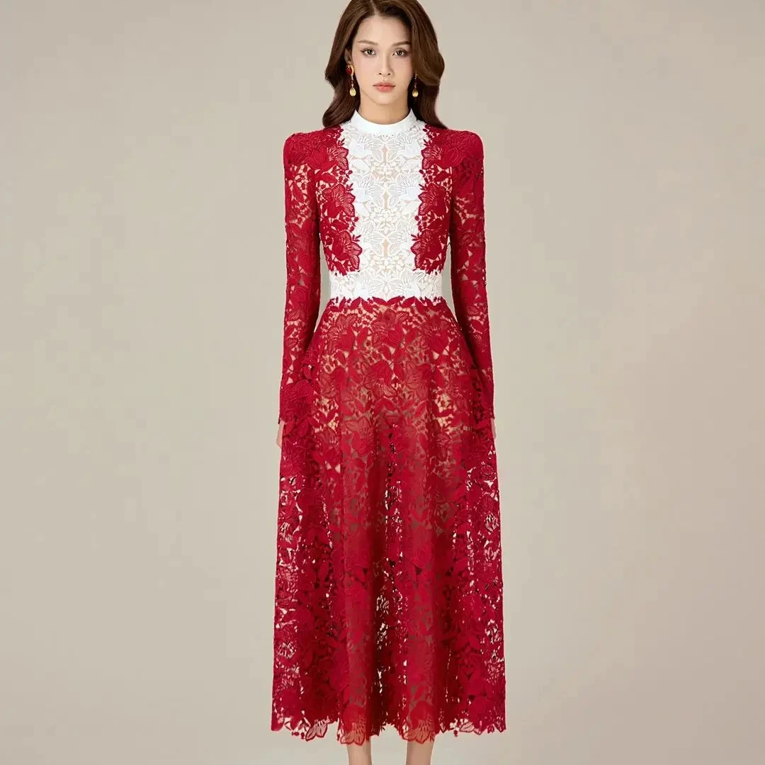

Bettergirl In stock machine embroidery red and white dress