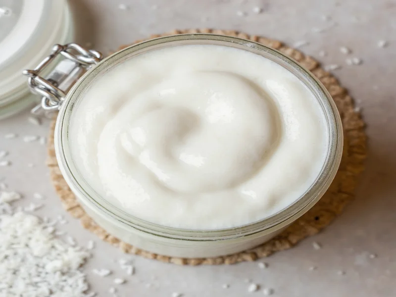 Dairy-free heavy cream alternative in mason jar with coconut
