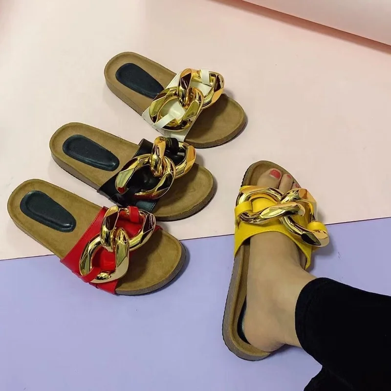 

Open Round Toe New Fashion Metal Decoration Chain Slides Black White Slip On Slipper Girl Sandals Flat Heel, Black,white,yellow,red