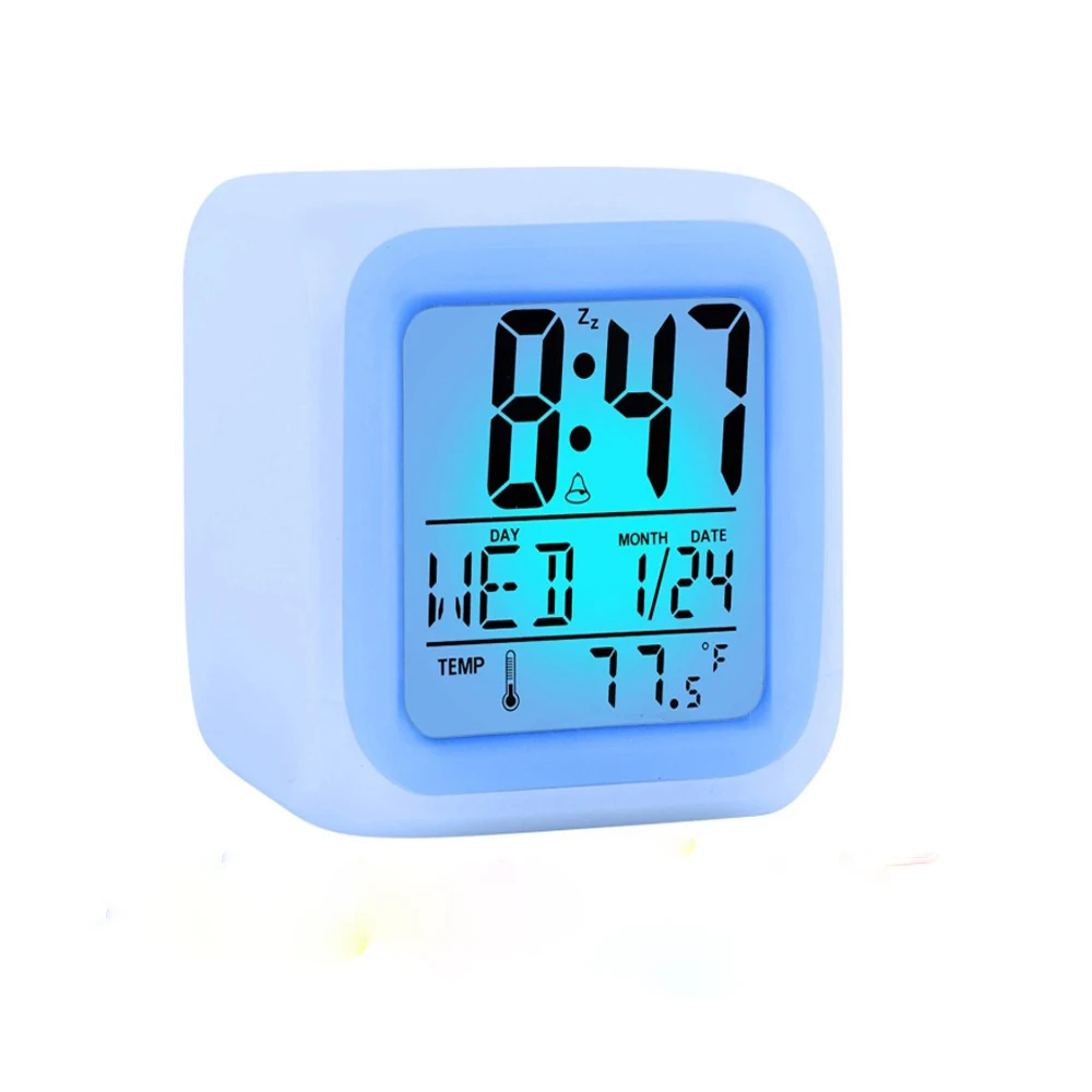 

Amazon Best Hot Digital Alarm Clock Color Rectangular White Frame Thermometer Night Glowing Cube LCD Clock