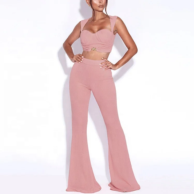 

Womans Clothing 2 Piece Casual Temperament Solid Color Sexy 2 Piece Pants Sets