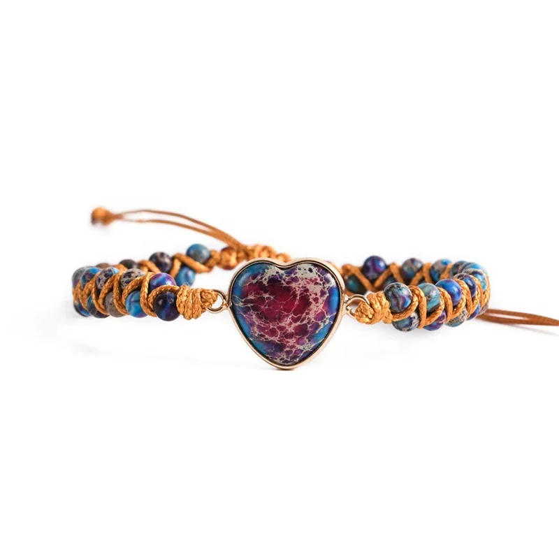 

Handmade Wax Braided Rope Weave Imperial Stone Heart Shape Friendship Bracelets Gift Jewelry For Women and Girl