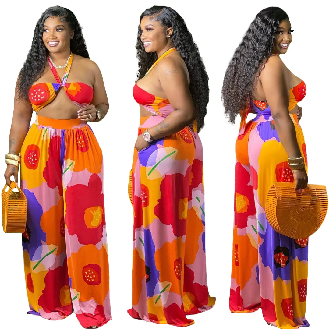 

plus size women sexy neck tie bikini top and print wide leg pants 2pcs set