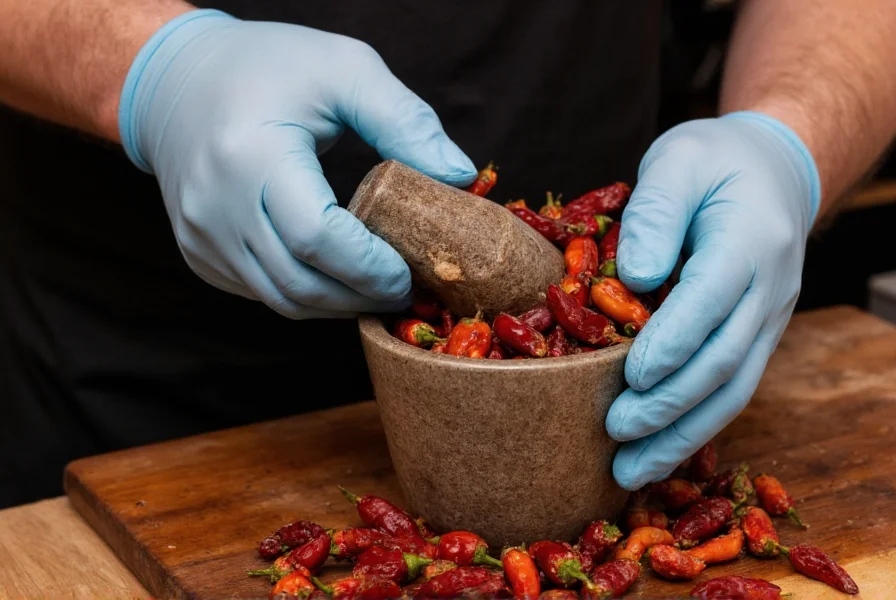 Chef wearing gloves carefully grinding dried ghost peppers using a mortar and pestle