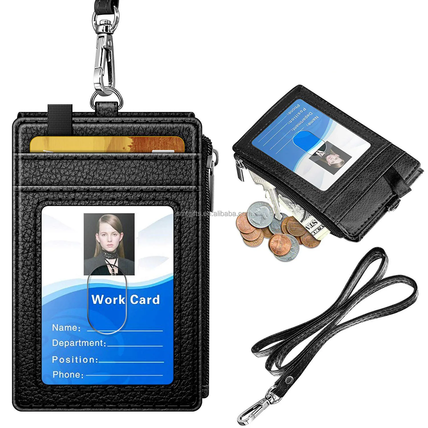 

Premium Leather Lanyard RFID ID Card Holder with zipper pocket for Office School ID, Credit Cards, Driver Licence