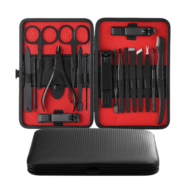 

Can Print Private Label Portable Stainless Steel Nail Clippers set Professional 18pcs Pedicure Manicure Set nail tool kit, Black+white