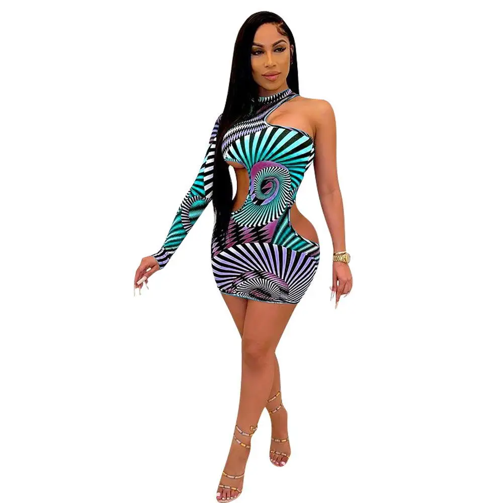 

M6432 - Bodycon Sexy Hollow Out Printed One Shoulder Dresses Ladies