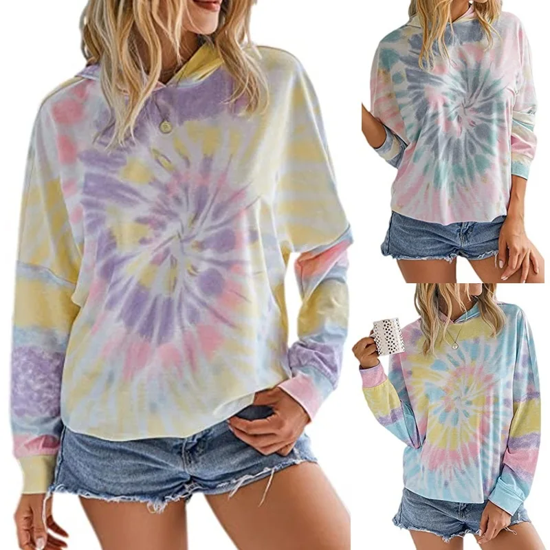 

Amazon Wis Popular European and American Cross Border Women's Wear 2020 Spring and Autumn New Tie Dye Printed Hooded Long Sleeve