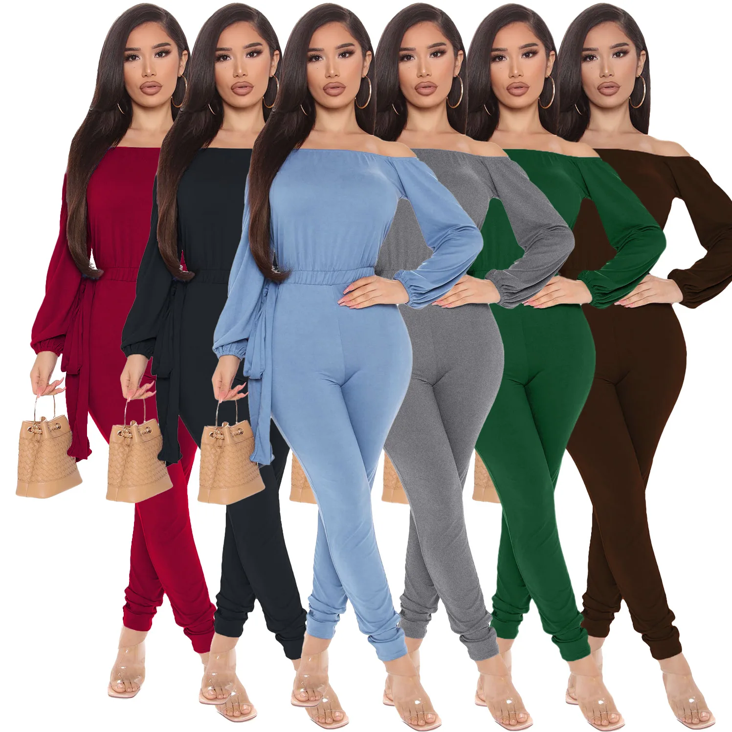 

Wholesale Amazon Tube Splicing Solid Color Long Sleeve Elastic Waist Slim Fit Sexy Casual Rompers Womens Jumpsuit, Shown