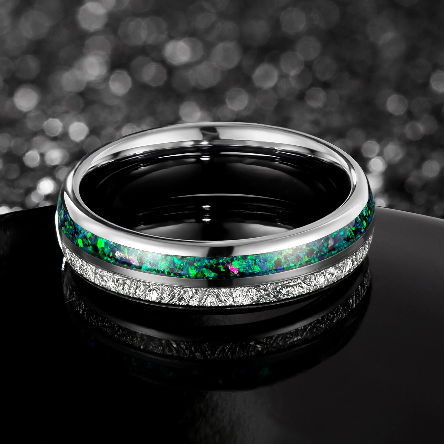 Unisex Blue Fire Opal and Koa Wood Tungsten Ring Mens Bands Opal With Dome Party Needs