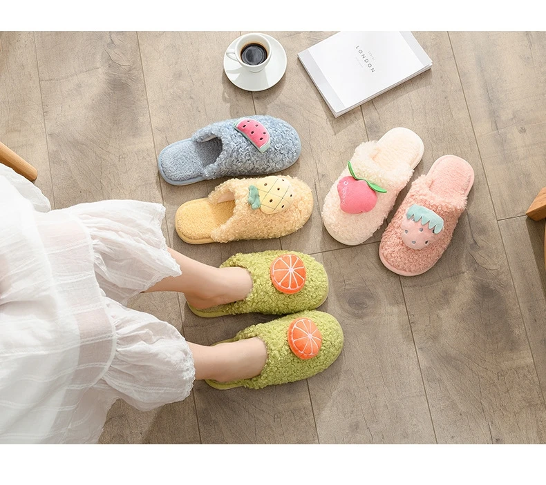 

Wholesale Cute candy color women sandals faux fur with cartoon fruit girl shoes home flat WARM slippers winter plush lady slides